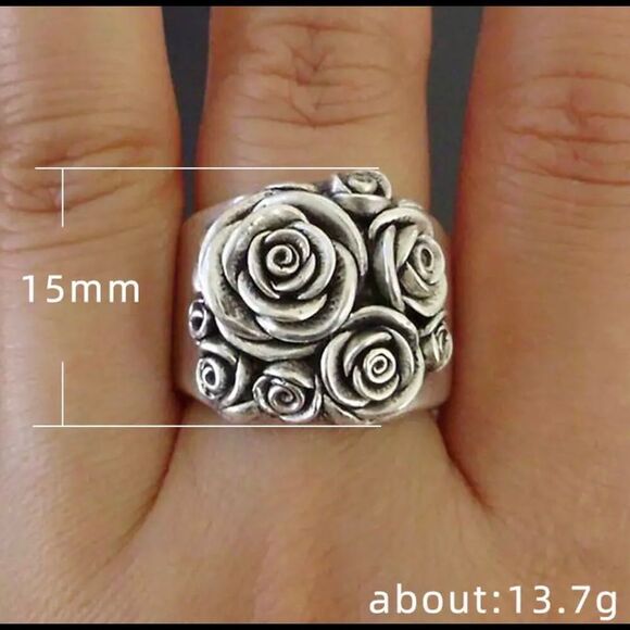Silver Roses Flower Vintage Ring size 6, 8 - Picture 6 of 6
